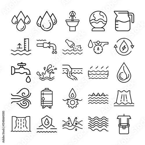 Collection of Water Related Icons Representing Resources Conservation and Hydrological Processes