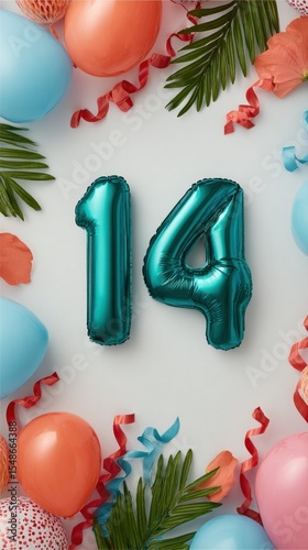 Fourteenth Birthday Celebration with Teal Balloons and Pastel Decorations