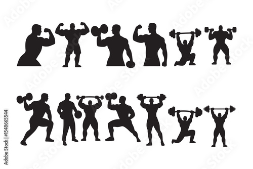 Collection of bodybuilder silhouettes weightlifting