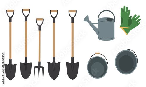 A straightforward collection of flat vector illustrations featuring common gardening tools such as shovels, a fork, a watering can, gardening gloves, and buckets.