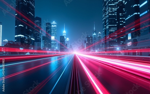 Speed light trails path through smart modern mega city and skyscrapers town with neon futuristic technology background, future virtual reality, motion effect, high speed light, with Generative Ai.