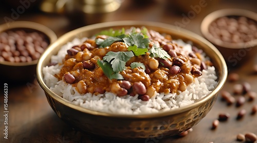 Kidney Bean Curry (Rajma Masala) Over Rice in Golden Bowl, Garnished with Cilantro