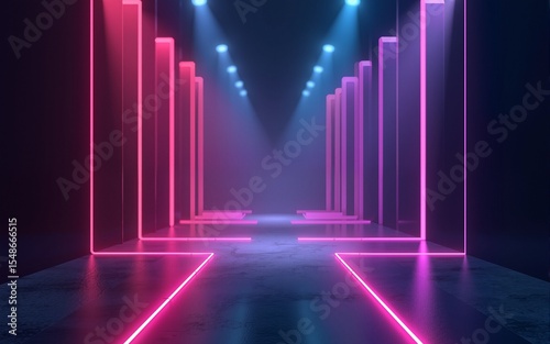3d technology abstract neon light background, empty space scene, spotlight, dark night, virtual reality, cyber futuristic sci-fi background, street floor studio for mock up. colored geometric.