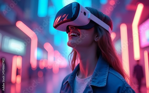 Future game and entertainment digital technology. Teenager having fun play VR virtual reality glasses sport game 3D cyber space futuristic neon colorful virtual metaverse background. High quality