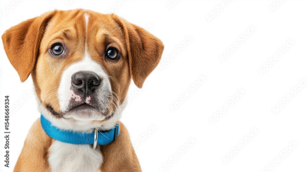 A cute brown and white puppy with a blue collar looks hopefully at the camera in a realistic photography setting, perfect for pet adoption advertising copy space. A cute brown and white puppy with a blue collar looks hopefully at the camera in a realistic photography setting, perfect for pet adoption advertising copy space.