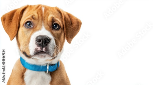 A cute brown and white puppy with a blue collar looks hopefully at the camera in a realistic photography setting, perfect for pet adoption advertising copy space.