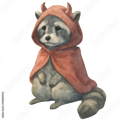 Cute raccoon in a red hooded cloak with whimsical expression