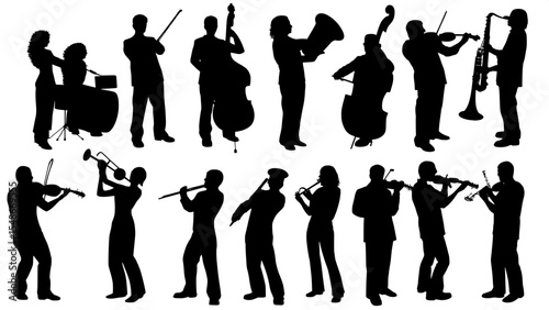 “Simple and bold black outlines of musicians in performance, arranged uniformly across a white canvas, featuring a variety of orchestral and band instruments, with no internal figure detail.”