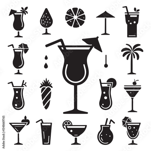 Minimal Black Cocktail Glass with Garnish Vector Illustration
