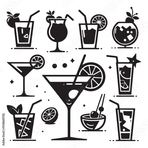 Minimal Black Cocktail Glass with Garnish Vector Illustration