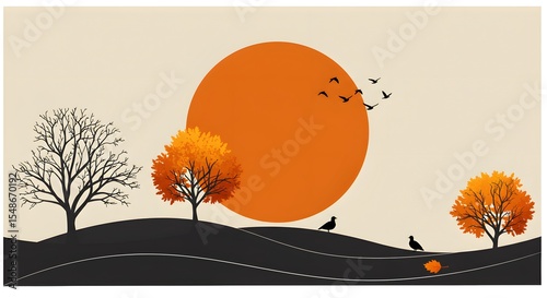 Autumn horizon with sunset and leaf silhouettes