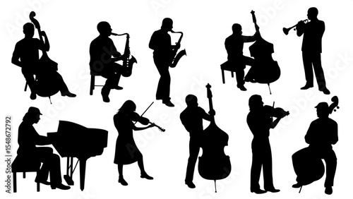 “Stylized black silhouettes of seated and standing musicians playing instruments like saxophones, cellos, and keyboards, forming a visually balanced composition with no depth or shading.”