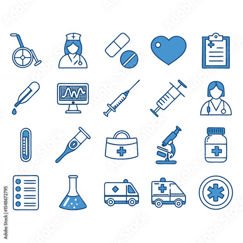 Medical and Healthcare Outline Icon Set — Hospital, Doctor, Syringe, Medicine, and Equipment Icons Collection.

