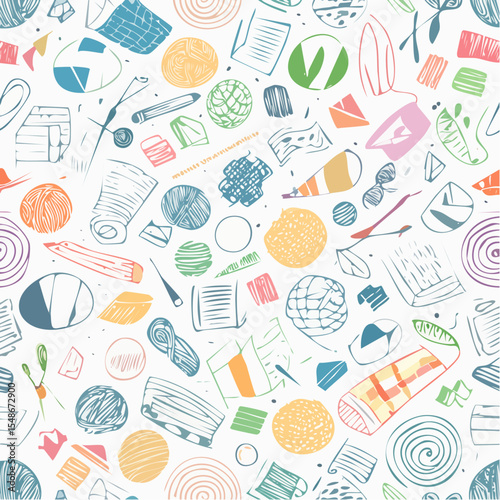 Whimsical hand-drawn pattern featuring colorful everyday objects and abstract shapes.
