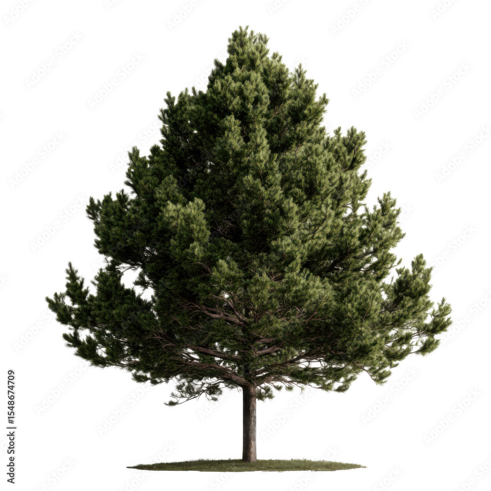 Fototapeta premium Tall, lush green tree stands alone with full canopy of leaves, casting shadow on ground. tree branches spread wide, creating symmetrical and serene appearance