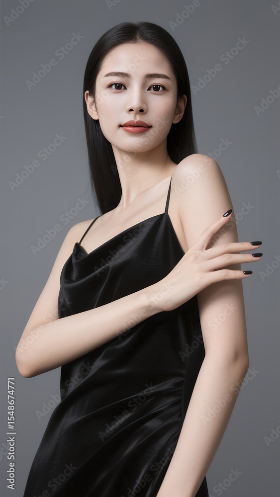 Naklejka premium 黒いドレスでポーズをとる美しいアジア人女性