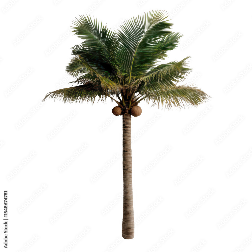 Obraz premium Tall coconut palm tree with lush green fronds and ripe coconuts, isolated on transparency background, evokes tropical and serene atmosphere