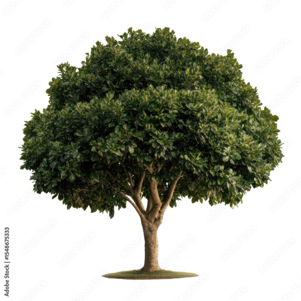 Obraz premium Lush green tree with thick trunk and dense foliage stands alone, symbolizing strength and tranquility. Its vibrant leaves create natural canopy, offering shade and shelter