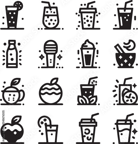 Minimal Black Cold Beverage Line Icons Set