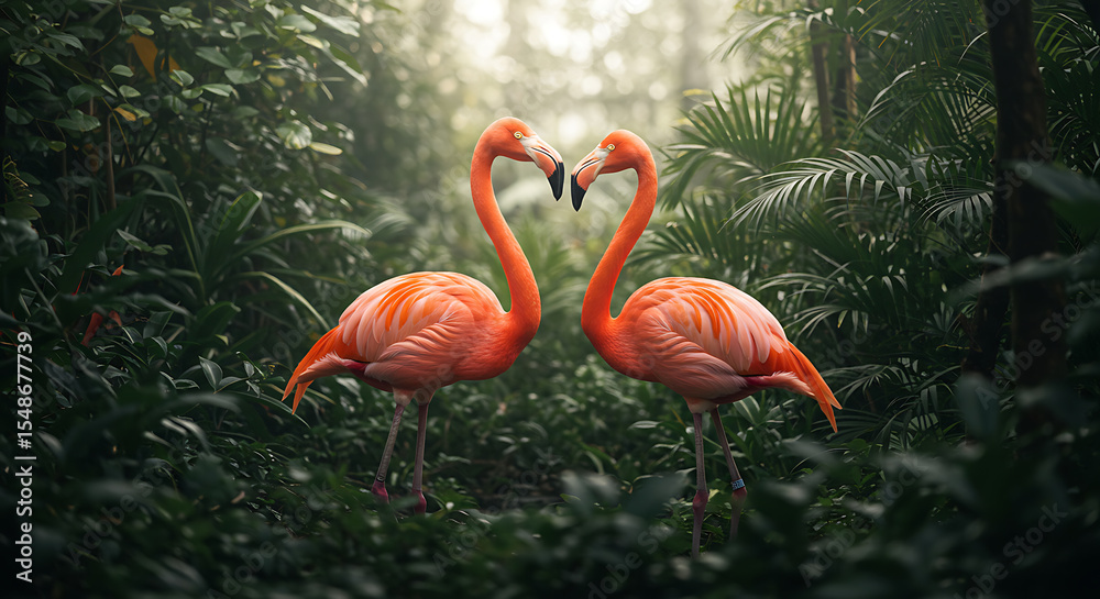 Fototapeta premium Pink Flamingos Forming Heart in Lush Nature Environment