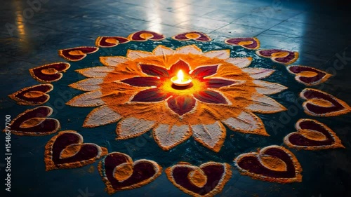 Festive diwali celebration features vibrant rangoli art with diya in colorful patterns