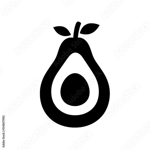 Bold black icon of a whole avocado with central drop and leaf, ideal for organic food or diet-related visuals.