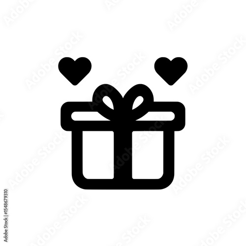 Flat icon of a gift box with a bow and two floating hearts, representing affection, celebration, and gifting.
