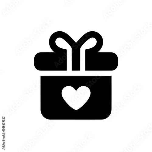 Bold black icon of a wrapped gift box with a ribbon and heart, ideal for romantic or charity visuals.