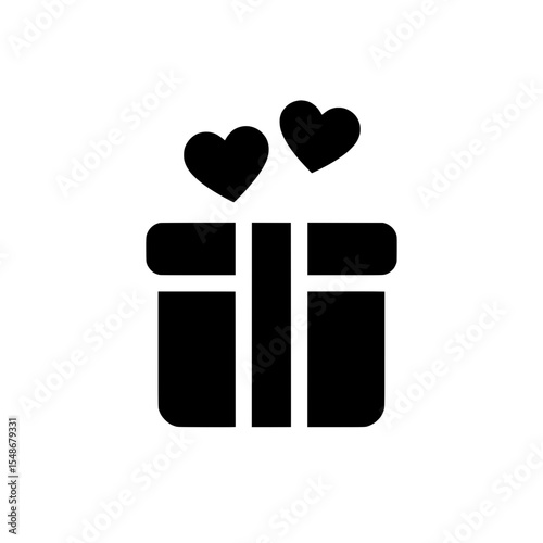 Bold icon of a gift box with bow and twin hearts, symbolizing celebration, romance, or generosity.