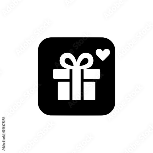 Black square icon of a gift box with bow and heart, symbolizing giving, love, or celebration.