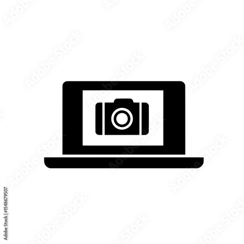 Minimalist icon of a laptop with a centered camera lens symbol, ideal for digital imaging or virtual photography concepts.