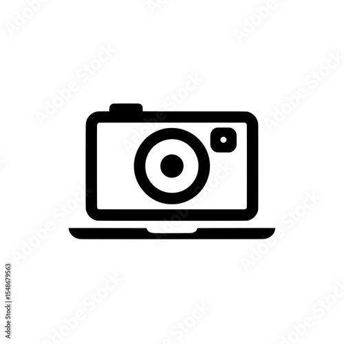 Minimalist icon of a digital camera displayed on a laptop screen, representing photography or virtual studio tools.