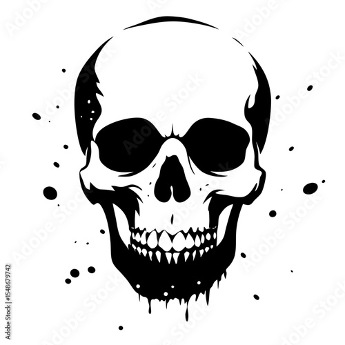 Stylized Skull with Ink Splatter: Monochrome Graphic Design