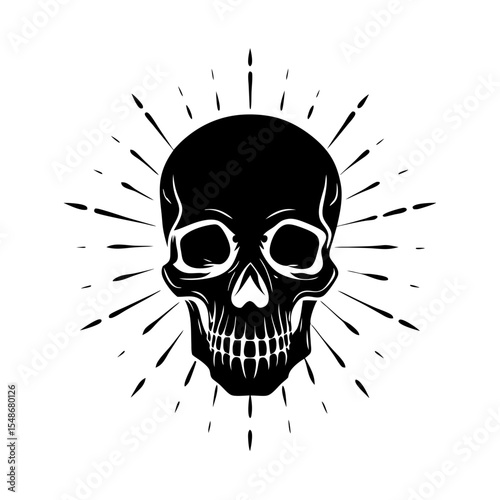 Vintage Skull with Sunburst: Retro Black and White Illustration