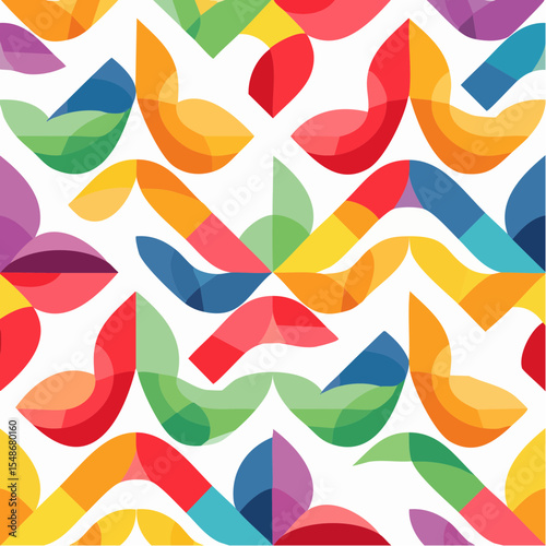 Vibrant abstract pattern of colorful, curved shapes forming a repeating geometric design.