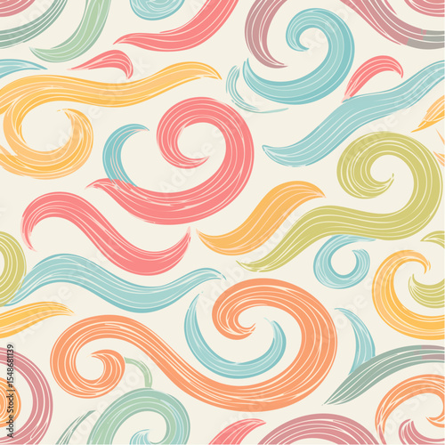 Seamless pattern of colorful swirling brushstrokes on a light background, creating a whimsical and artistic design.