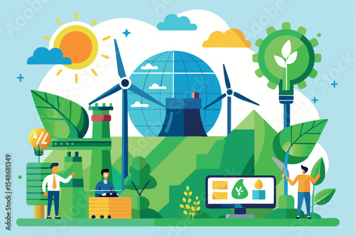 Innovative renewable energy solutions showcased in a vibrant and eco-friendly landscape illustration