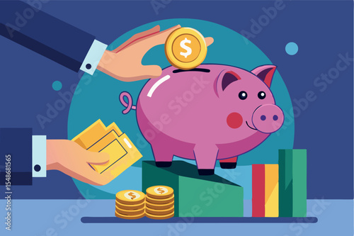 Learning about saving money with a piggy bank and hands holding coins in a colorful and modern illustration