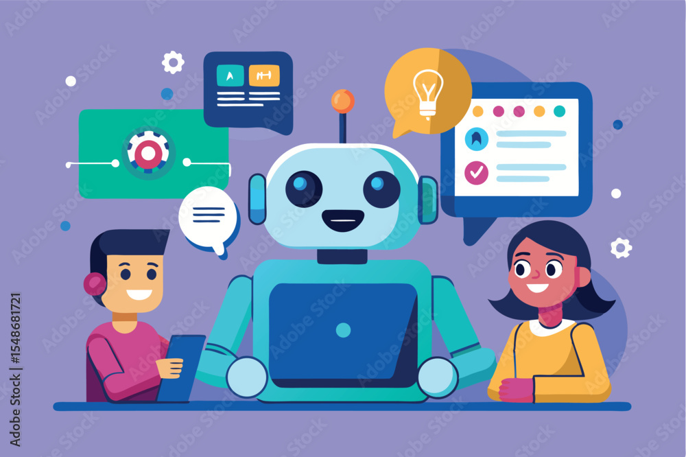 Fototapeta premium Engaging conversations with a friendly robot assistant in a colorful digital environment