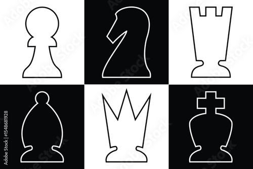 Complete chess pieces icon set include king, queen, bishop, knight, rook, pawn. Top down view for digital view. Modern simple rounded design