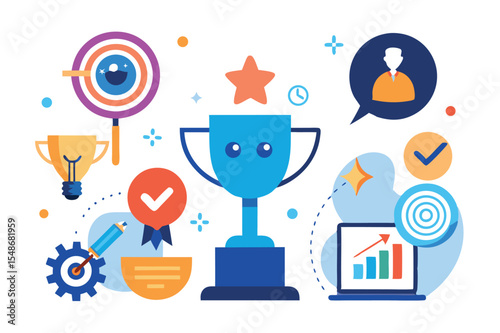Digital illustration of a trophy symbolizing achievement and success with various icons representing goals and progress