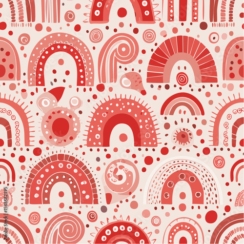 Whimsical illustration features a repeating pattern of stylized red rainbows and other decorative elements.