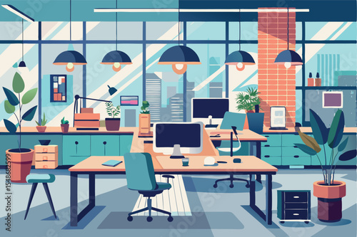 Modern office interior design featuring workspace with plants and natural light in a vibrant city setting
