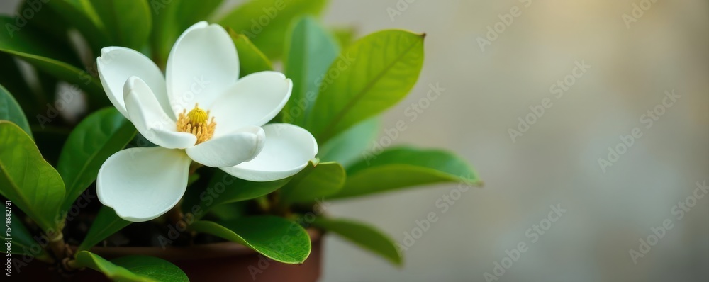 Obraz premium Blooming white magnolia shrub in brown pot, lush green leaves , compact, springtime