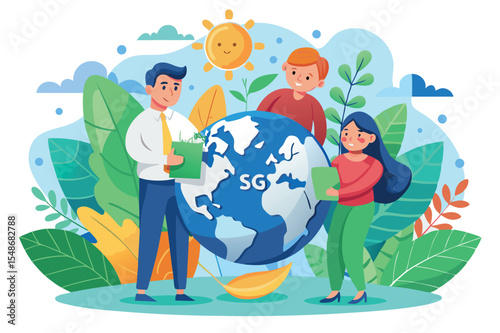 Earth day celebration with people planting and taking care of the environment in a colorful illustration