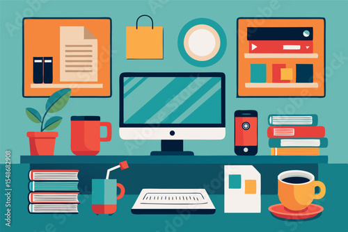 Creative workspace with modern computer, books, and plants designed for productivity