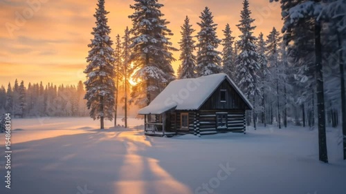 Snow covered cabin glows in golden sunrise light amid tall pine forest in winter season. Cozy isolation concept seamless looping 4k time-lapse animation video background