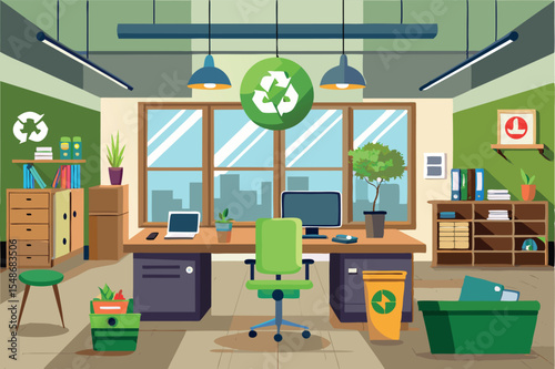 Modern eco-friendly office design with plants and recycling bins promotes sustainable workspace