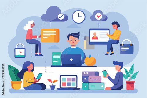 Digital workspace featuring diverse individuals engaged in remote collaboration and productivity tasks within a modern environment