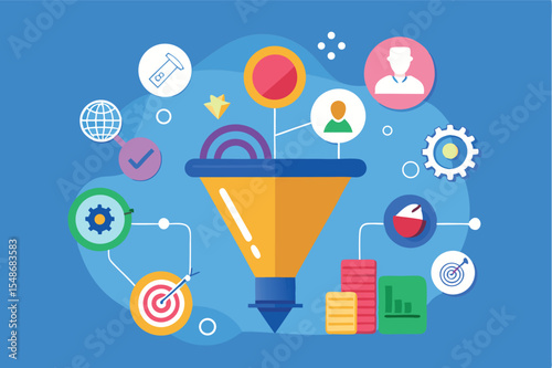 Digital marketing funnel illustration showcasing user journey and conversion strategy with icons and graphs